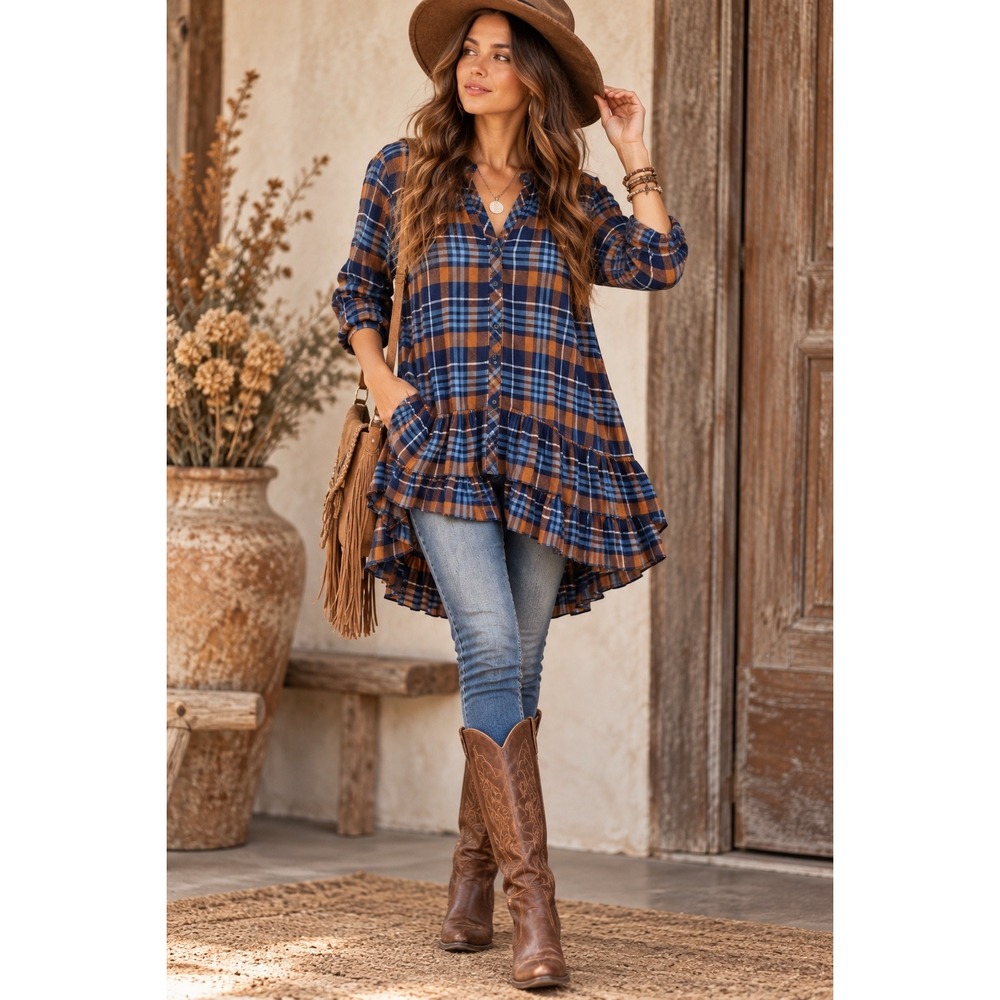 Matilda Jane Blue Orange Plaid Ruffle Hem Tunic Top Boho Western Cottagecore L